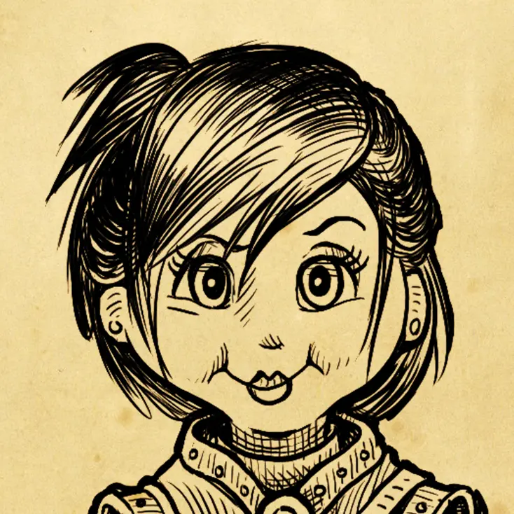 A black ink sketch of Delshimerry from the chest up. The sketch is overlaid on a parchment paper background.