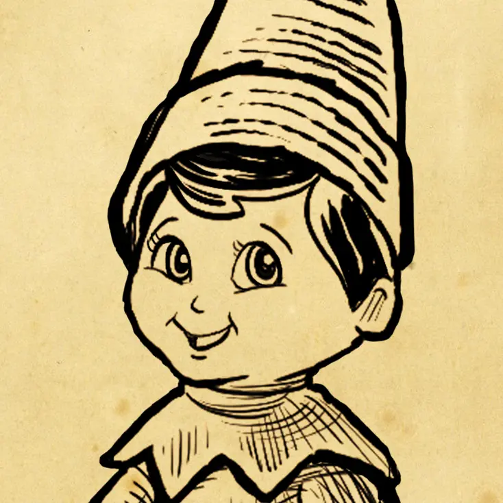 A black ink sketch of Fisbee from the chest up. The sketch is overlaid on a parchment paper background.