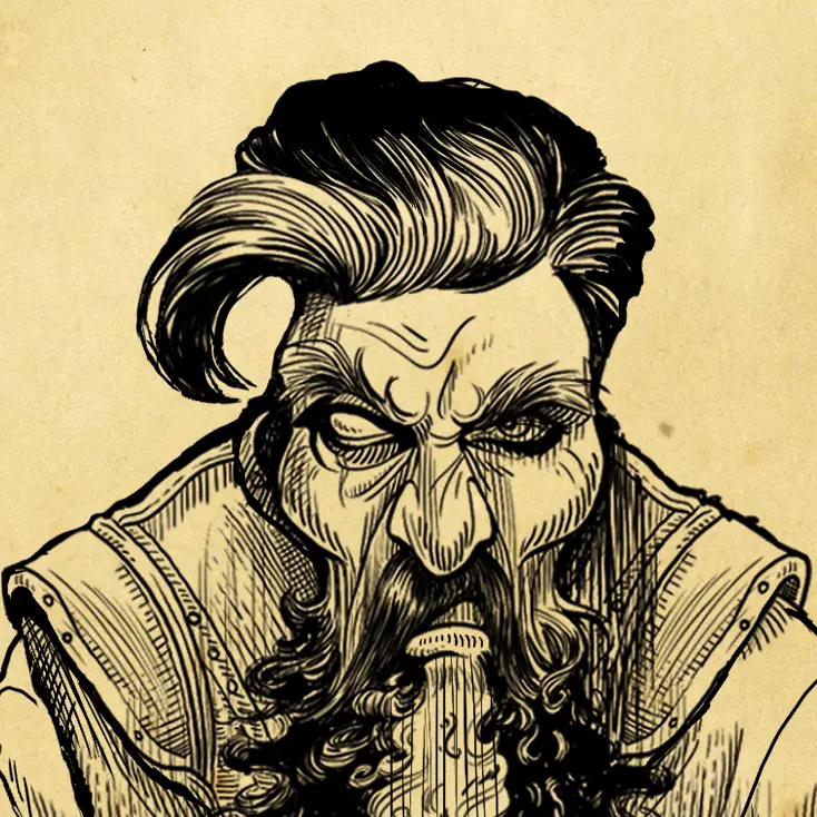 A black ink sketch of Gangleri from the chest up. The sketch is overlaid on a parchment paper background.