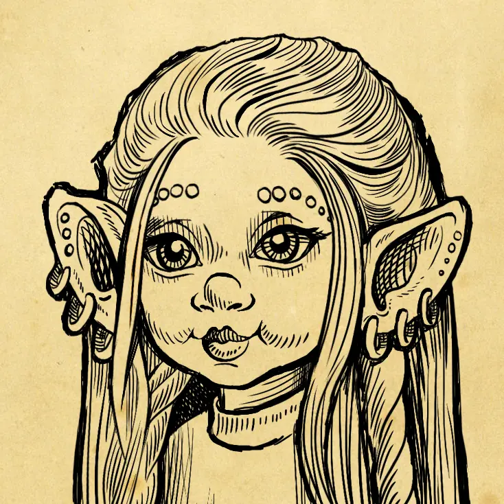 A black ink sketch of Kendor from the chest up. The sketch is overlaid on a parchment paper background.