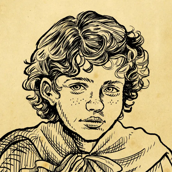 A black ink sketch of Nicholas of Lycia from the chest up. The sketch is overlaid on a parchment paper background.