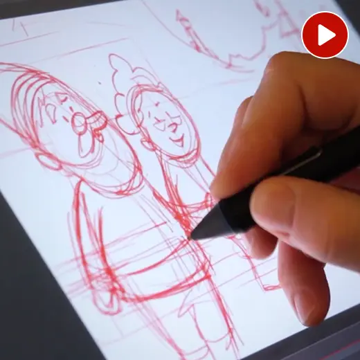 A close up of a hand drawing cartoon Santa and Mrs. Claus on a graphics tablet screen. In the top right corner is a video icon.
