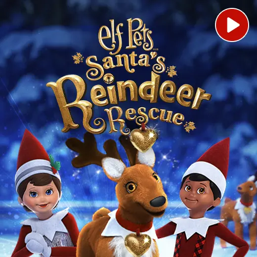 Tinsel and Timber the elves and an Elf Pets Reindeer from the chest up are along the bottom. A snow-covered pine tree forest is in the background. The Elf Pets Santa's Reindeer Rescue logo is in the center. In the top right corner is a video icon.