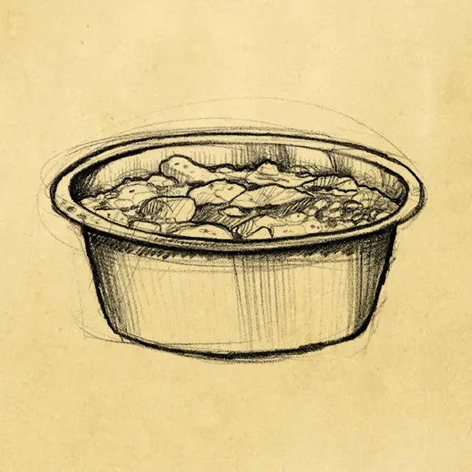 A black pencil sketch of Barry's food bowl. The sketch is overlaid on a parchment paper background.