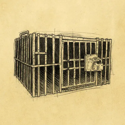 A black pencil sketch of the cage in which Barry is held in. The cage has a large door on the front with a padlock. The sketch is overlaid on a parchment paper background.