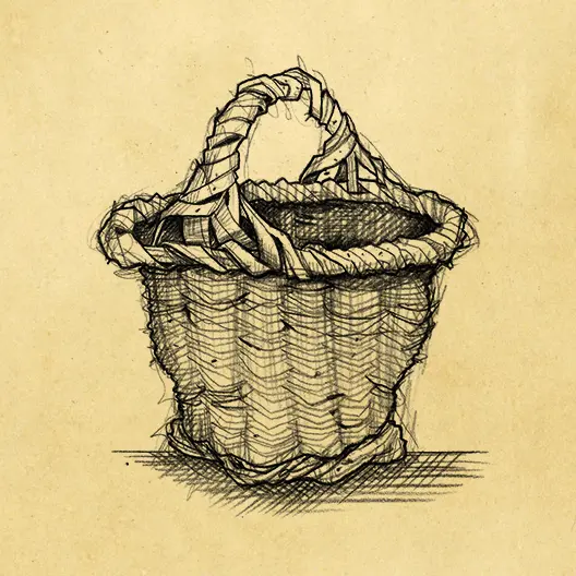 A black pencil sketch of Barry's wicker basket. The sketch is overlaid on a parchment paper background.