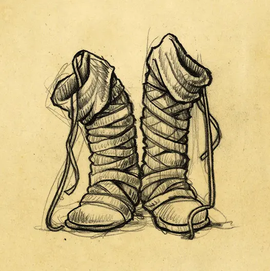 A black pencil sketch of Nicholas of Lycia's boots. The sketch is overlaid on a parchment paper background.