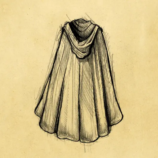 A black pencil sketch of the back view of Nicholas of Lycia's hooded cloak. The sketch is overlaid on a parchment paper background.
