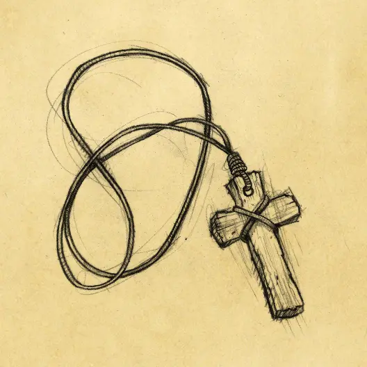 A black pencil sketch of Nicholas of Lycia's cross necklace. The sketch is overlaid on a parchment paper background.