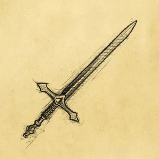 A black pencil sketch of Nicholas of Lycia's sword. The sketch is overlaid on a parchment paper background.