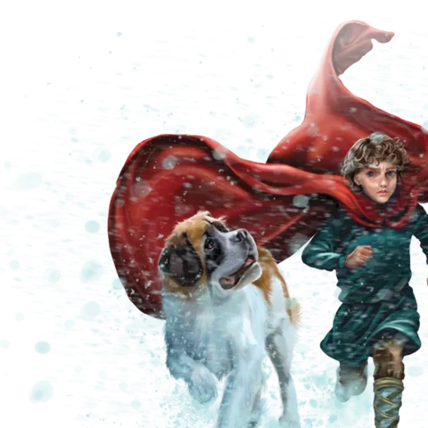 Barry looking up at Nicholas as they both run through the snow. Nicholas has a determined look on his face and his red cape is flowing around his back and behind Barry.