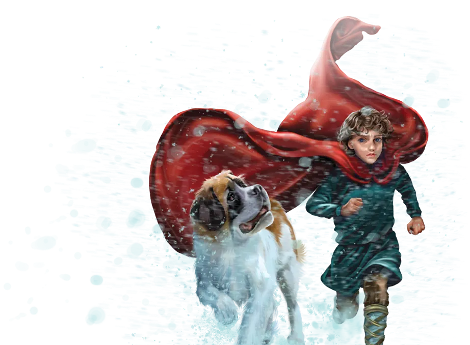 Barry looking up at Nicholas as they both run through the snow. Nicholas has a determined look on his face and his red cape is flowing around his back and behind Barry.