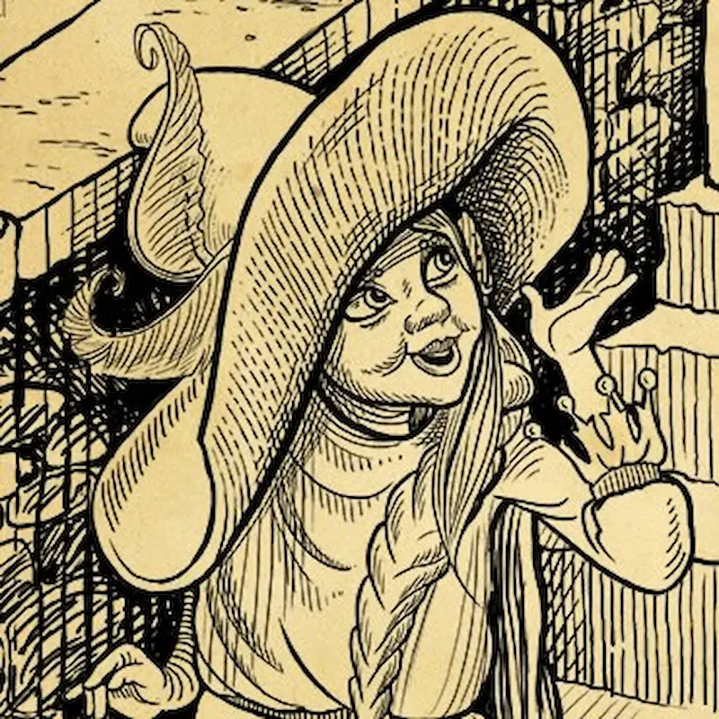 Pen and ink sketch on parchment paper of Kendor, an ice gnome, wearing a wide brimmed hat, with her long hair in a braid