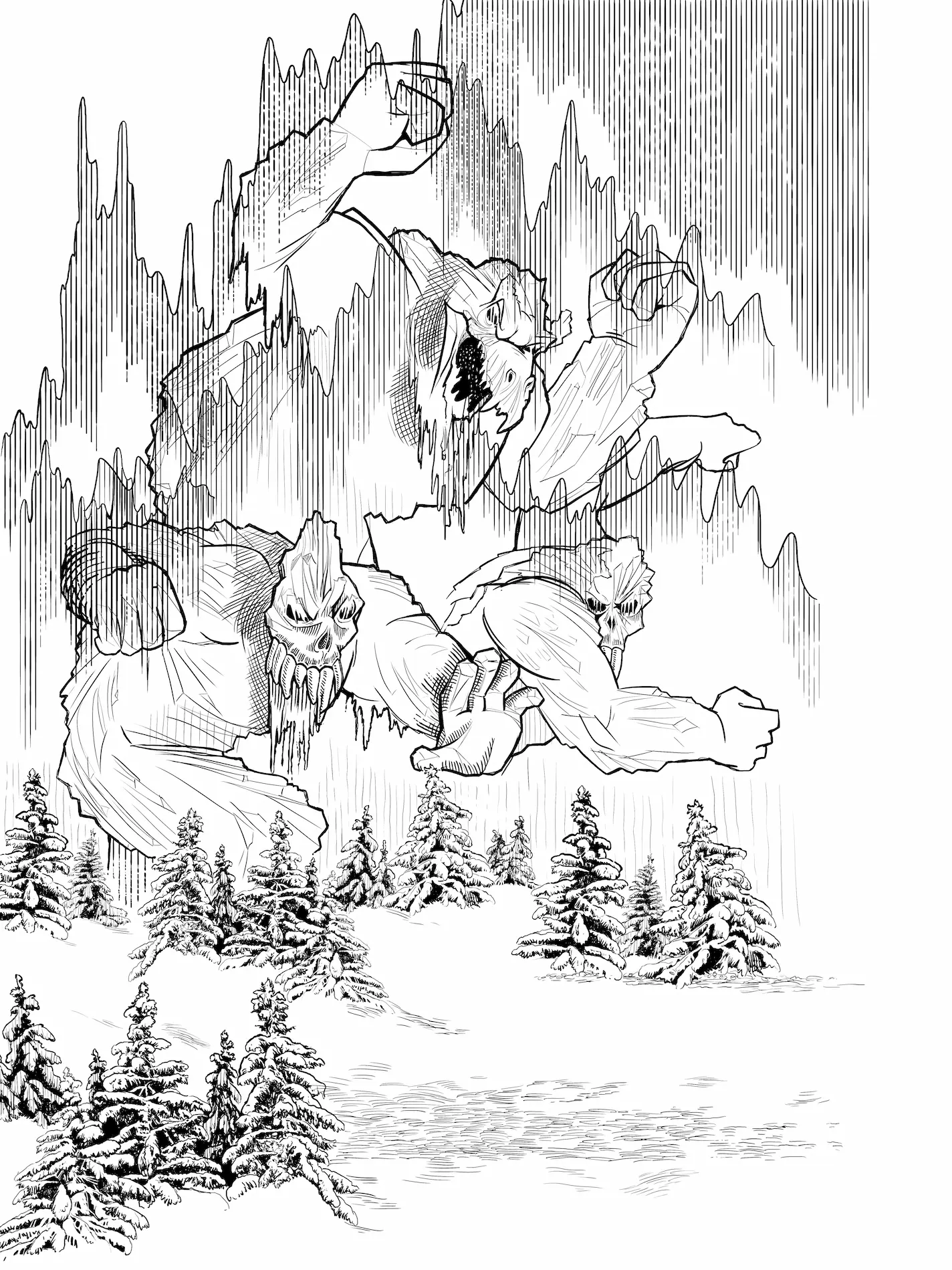 a pen and ink sketch of ice giants fighting in the Arctic 