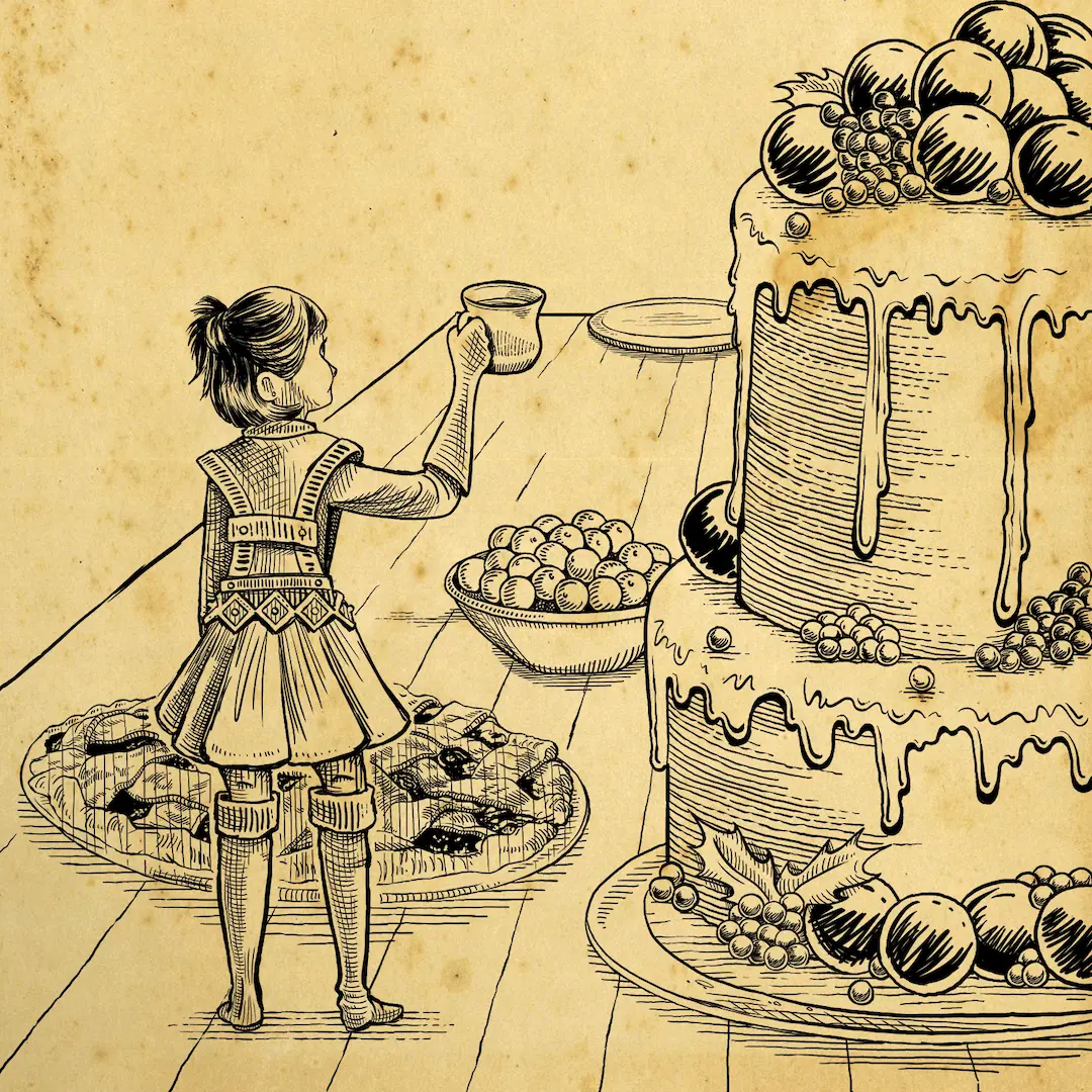 a pen and ink sketch of Scout Elf Delshimerry raising a cup of cocoa while standing on a table full of cake, pies and berries