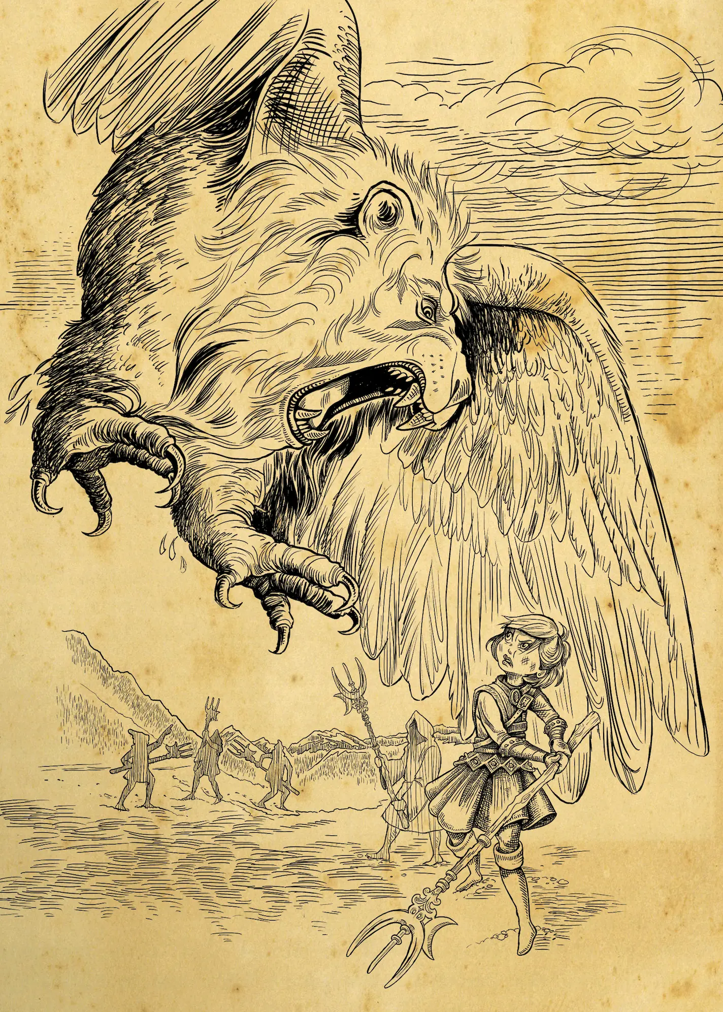 Scout Elf Delshimerry holds a larlork sword while battling a flying creature