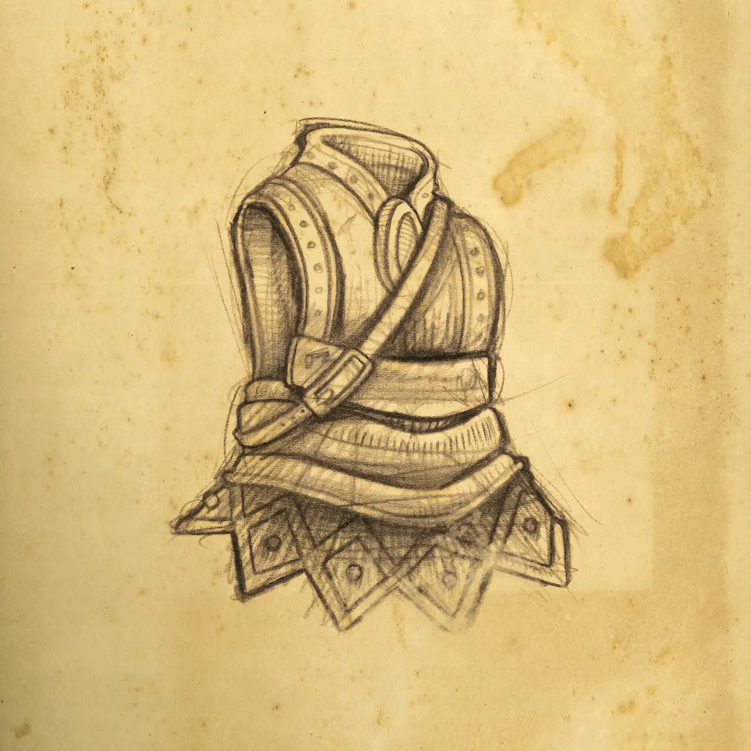 pen and ink sketch of a skirted breastplate and torso armor on parchment paper