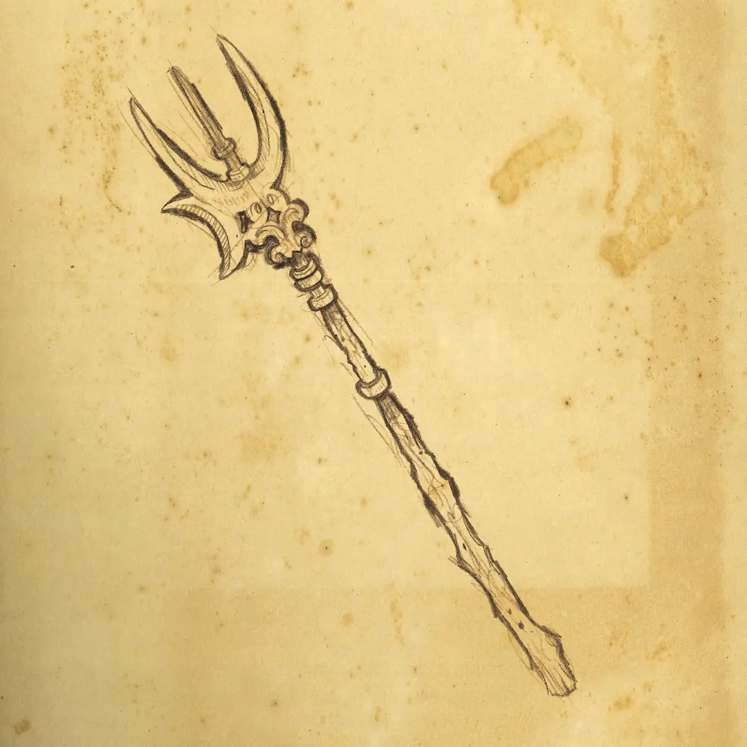pen and ink sketch of a larlork sword, a three pointed sword with a moon shaped scathe on the left side