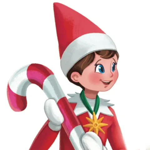 Scout Elf Fisbee, wearing a medal in the shape of the Lumistella star, holds a large candy cane