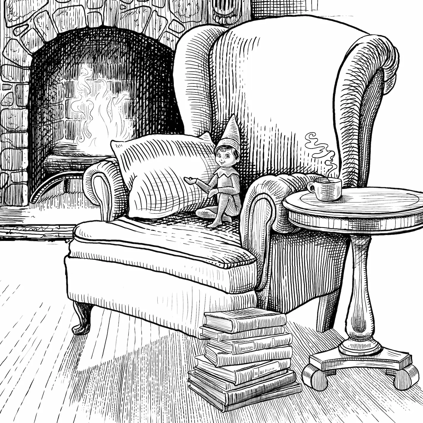 A pen and ink sketch of a Scout Elf named Fisbee sitting in an arm chair in front of a cozy fireplace