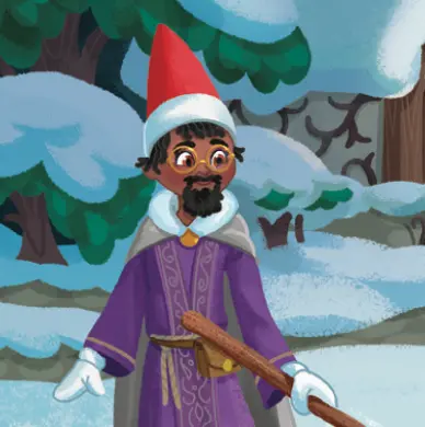 Scout Elf Hollerdon, a brown-eyed elf with a goatee, wears a red hat and white trim and a purple robe