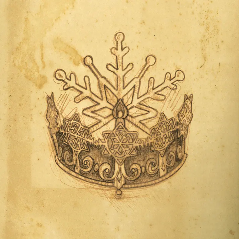 A pen and ink sketch on parchment paper of a crown with crystal details and a snowflake shaped tiara