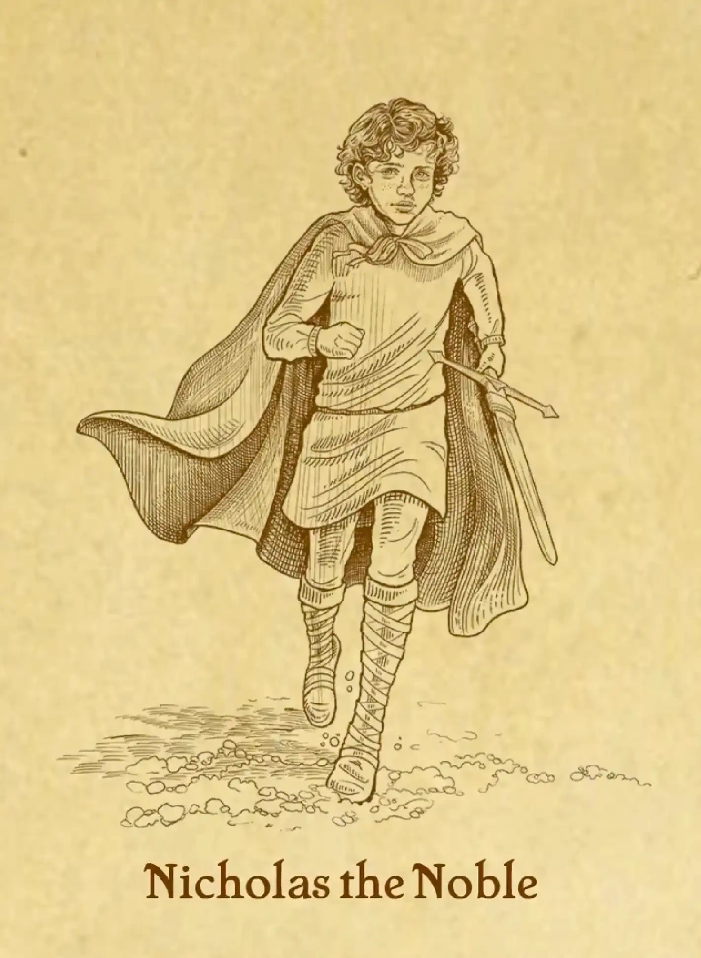 A pen and ink sketch on parchment paper of Nicholas the Noble running while carrying a sword