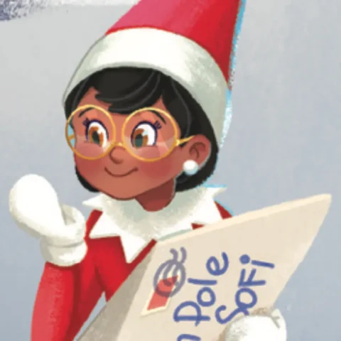Scout Elf Hollie from the North Pole Mail Room holds an envelope sent by Sofi