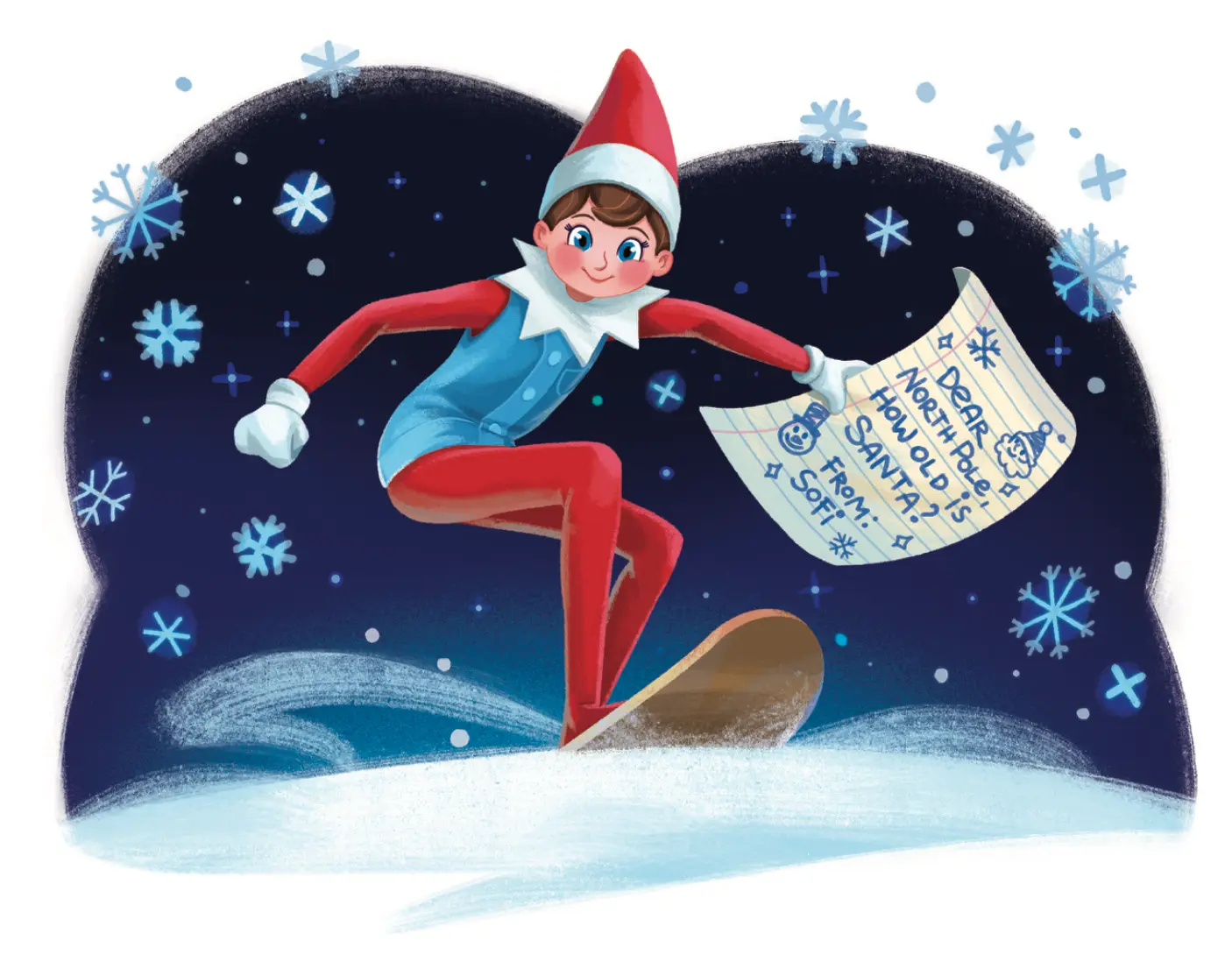 Scout Elf Pippin shreds through the snow on his elf board while holding a letter from Sofi