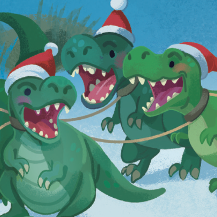 A team of green t rex dinosaurs wearing red Santa hats with a white fuzzy ball on the tip