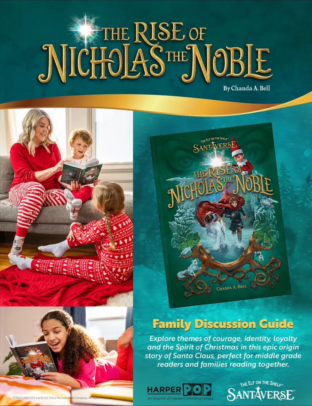 Cover of family discussion guide featuring a mom with two children and a tween child reading The Rise of Nicholas the Noble