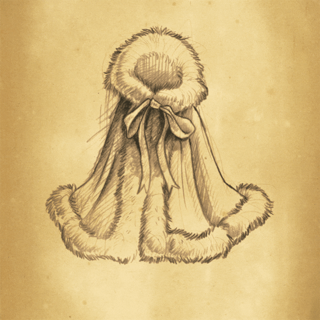 a 3 image series of pen and ink sketches of a fur-lined cloak, a pair of boots and a wide-brimmed hat