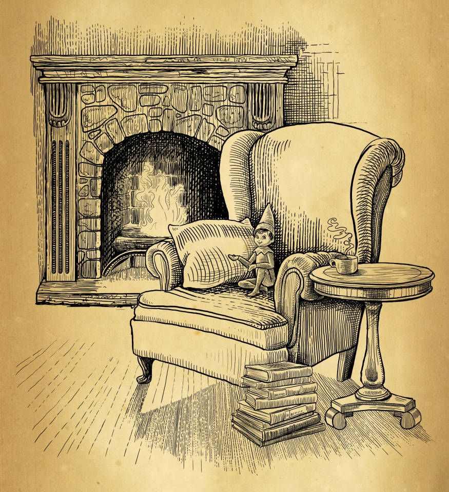 A pen and ink sketch on parchment paper background of Fisbee the Scout Elf sitting in an arm chair in front of a fireplace