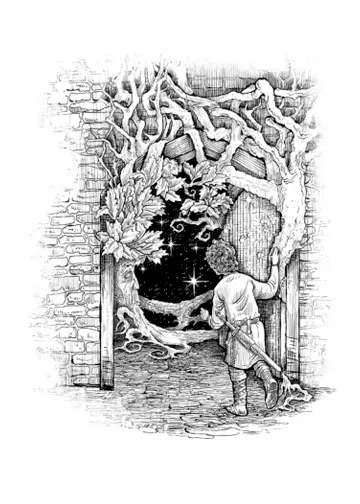 A pen and ink sketch of a young boy peering through an opening in a brick wall, with branches and vines hanging over the top