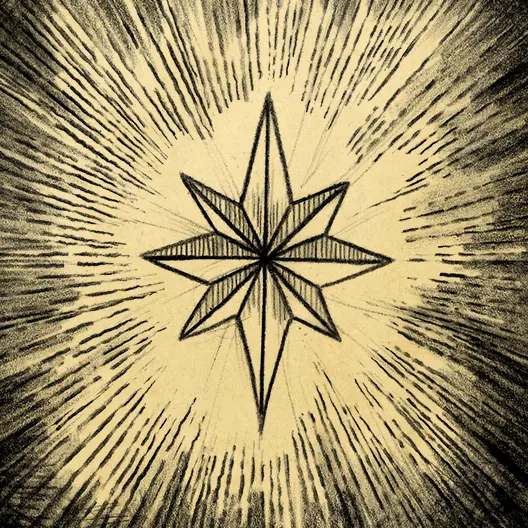 A black pencil sketch of the eight-pointed Lumistella star with light rays beaming out from the center. The sketch is overlaid on a parchment paper background.