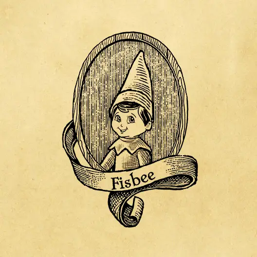 A black pencil sketch of Fisbee in an ornamental frame with a wood grain background. A ribbon is curled in front of the frame with the word Fisbee on it. The sketch is overlaid on a parchment paper background.
