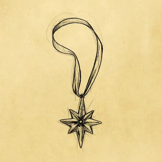 A black pencil sketch of a star medallion on a ribbon. The sketch is overlaid on a parchment paper background.