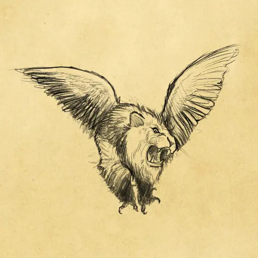 A black pencil sketch of one of Gangleri's flying creatures. He has the head of a lion and the body of an owl. The sketch is overlaid on a parchment paper background.