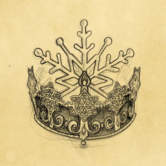 A black pencil sketch of Kendor's crown. The sketch is overlaid on a parchment paper background.
