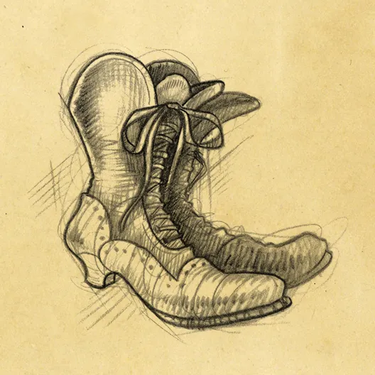 A black pencil sketch of Kendor's boots. The sketch is overlaid on a parchment paper background.