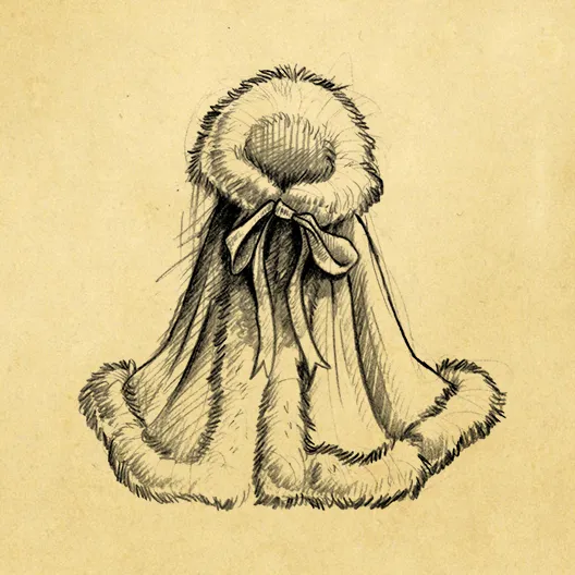 A black pencil sketch of Kendor's cloak. The sketch is overlaid on a parchment paper background.