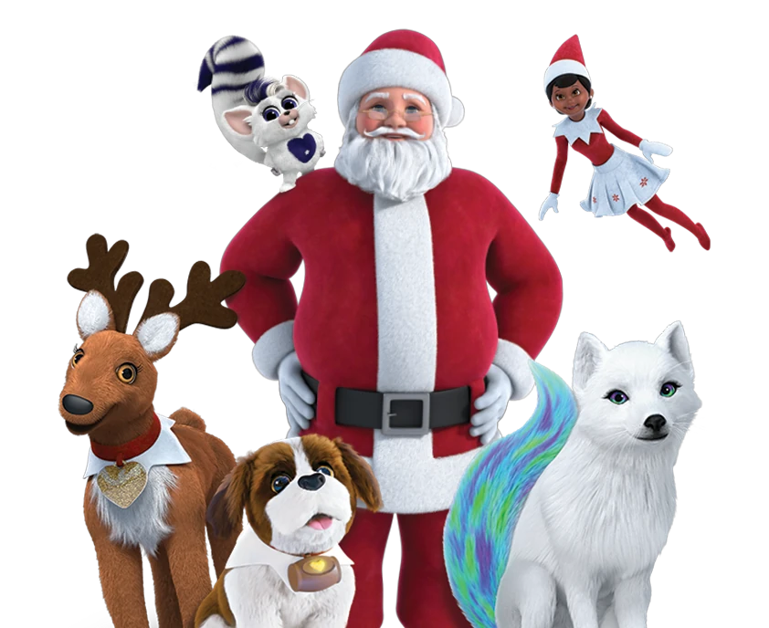 A cast of Santaverse characters including Noorah, Elf Pets Reindeer and Saint Bernard, along with Zaspar, and a Scout Elf flying overhead. Last but not least, the man himself, Santa Claus!