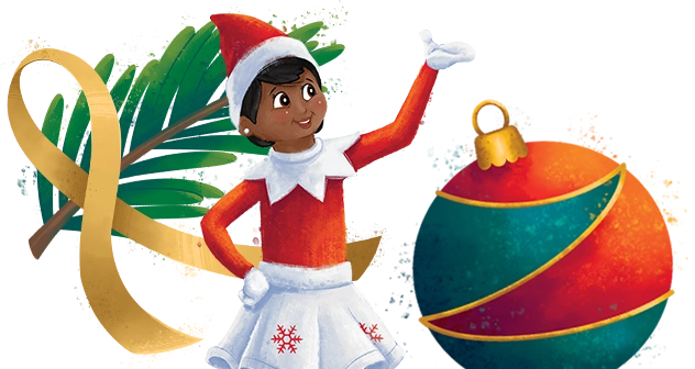 An illustration of a girl Scout Elf posing alongside a festive branch and an ornament, surrounded by an interlacing, golden ribbon. These illustrations are from the collection celebrating the 20th anniversary of The Elf on The Shelf®!