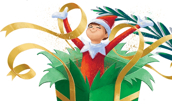 An illustration of a boy Scout Elf bursting out of a wrapped Christmas present with golden ribbon flying about. There is also a festive branch in the background. These illustrations are from the collection celebrating the 20th anniversary of The Elf on The Shelf®!