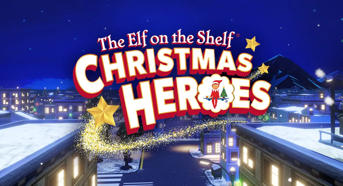 The Elf on the Shelf Christmas Heroes game logo over a rendering of a city at night from the game. The game logo is red and white text with The Elf on the Shelf scallop icon as the O in Heroes. There are shooting gold stars around the text.