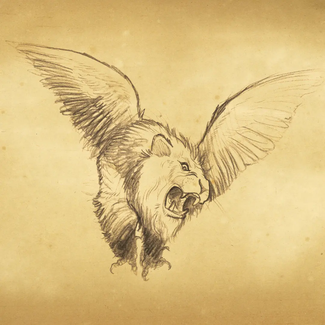 A pen and ink sketch on a parchment background of a flying lion creature from Gangleri's domain