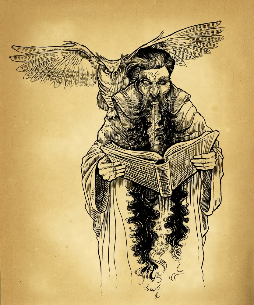 Pen and ink sketch of Gangleri, a older man with a long beard, holding a book with an owl soaring behind him