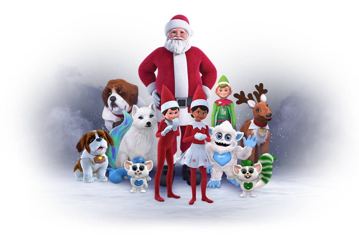 Collage of Santaverse Characters including Santa Claus, Barry, Elf Mates Cobbler, Noorah, 2 Scout Elves, Little Grunt, 2 Bogies, an Elf Pets Reindeer, and an Elf Pets St. Bernard. They are all standing on a patch of snow with white stars in the background.