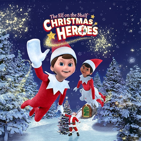 The Elf on the Shelf Christmas Heroes game key art featuring a boy and girl Scout Elf flying through a snowy conifer forest. Santa is seen on the snowy ground in front of a decorated Christmas tree, while the Elf Door is in the background.