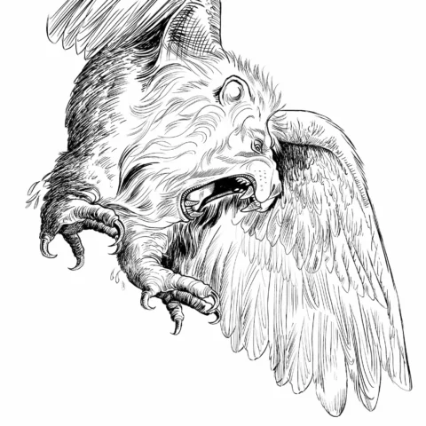 Image of a pen and ink sketch of a flying snowy owl with the head of a lion